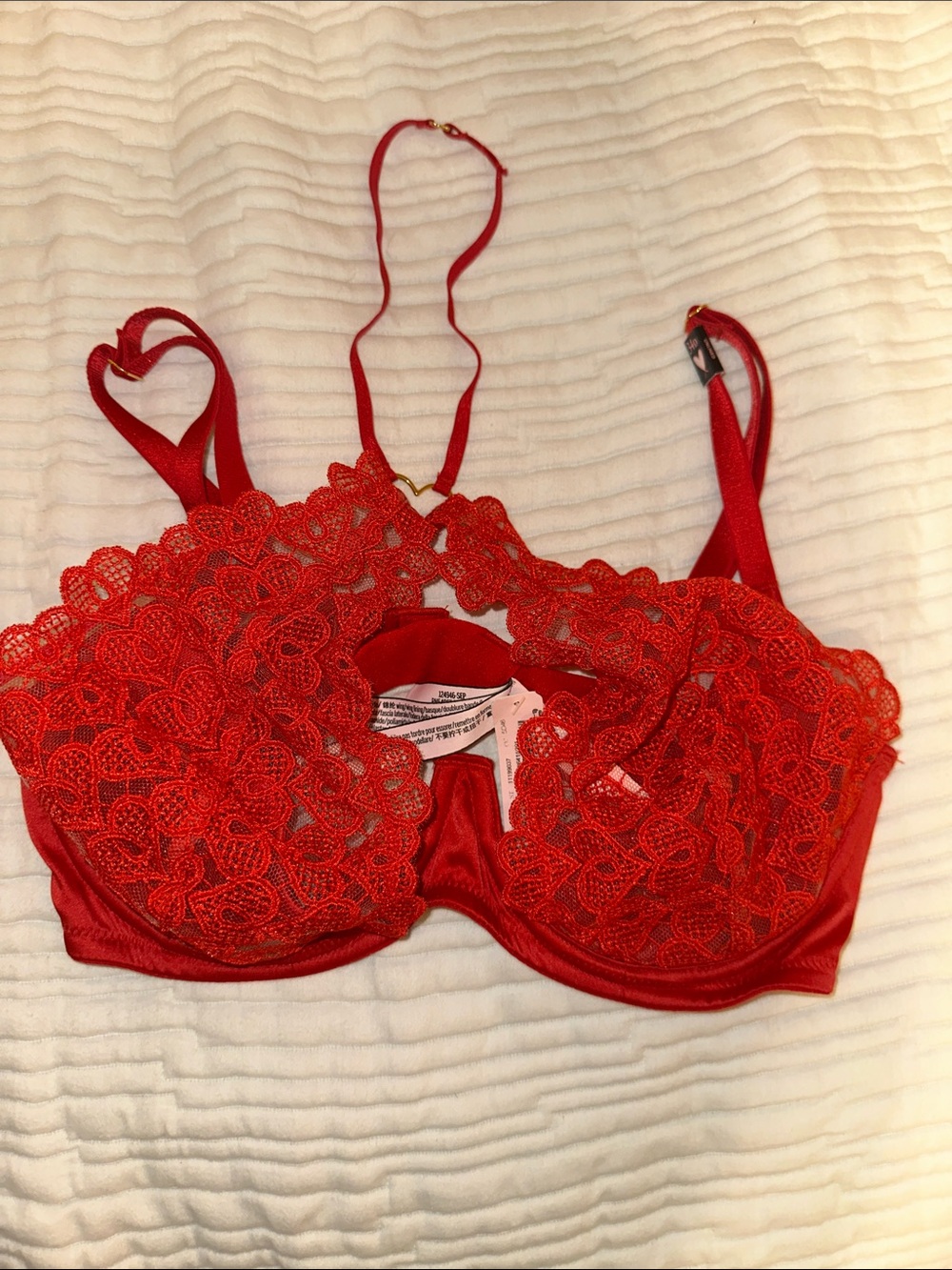 Victoria's Secret Red Lace Underwire Bra with Floral Appliqué